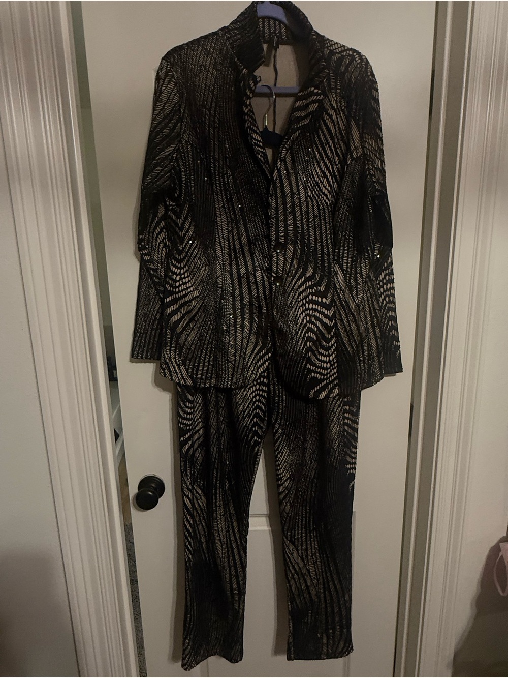 Women's Black Suit with Metallic Gold Patterned Detail